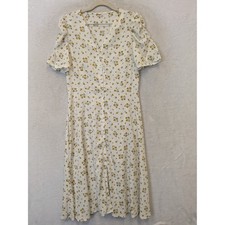 Shein Midi Dress Women's Small White Yellow Floral Puff Sleeve Button Front Boho