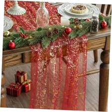  6PCS Gold Gauze Table Runner 120 Inch 10FT, Glitter 28" x 120", 6pc Red