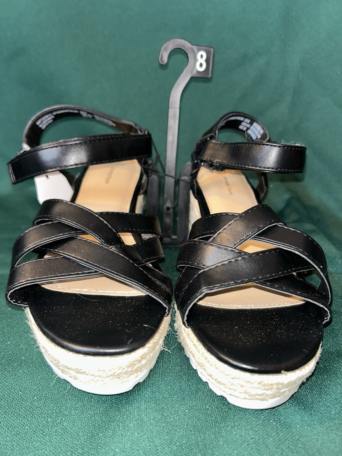 Sandals-Time and Tru Black Leather Wedge Ankle Strap Hook & Loop Women's 8