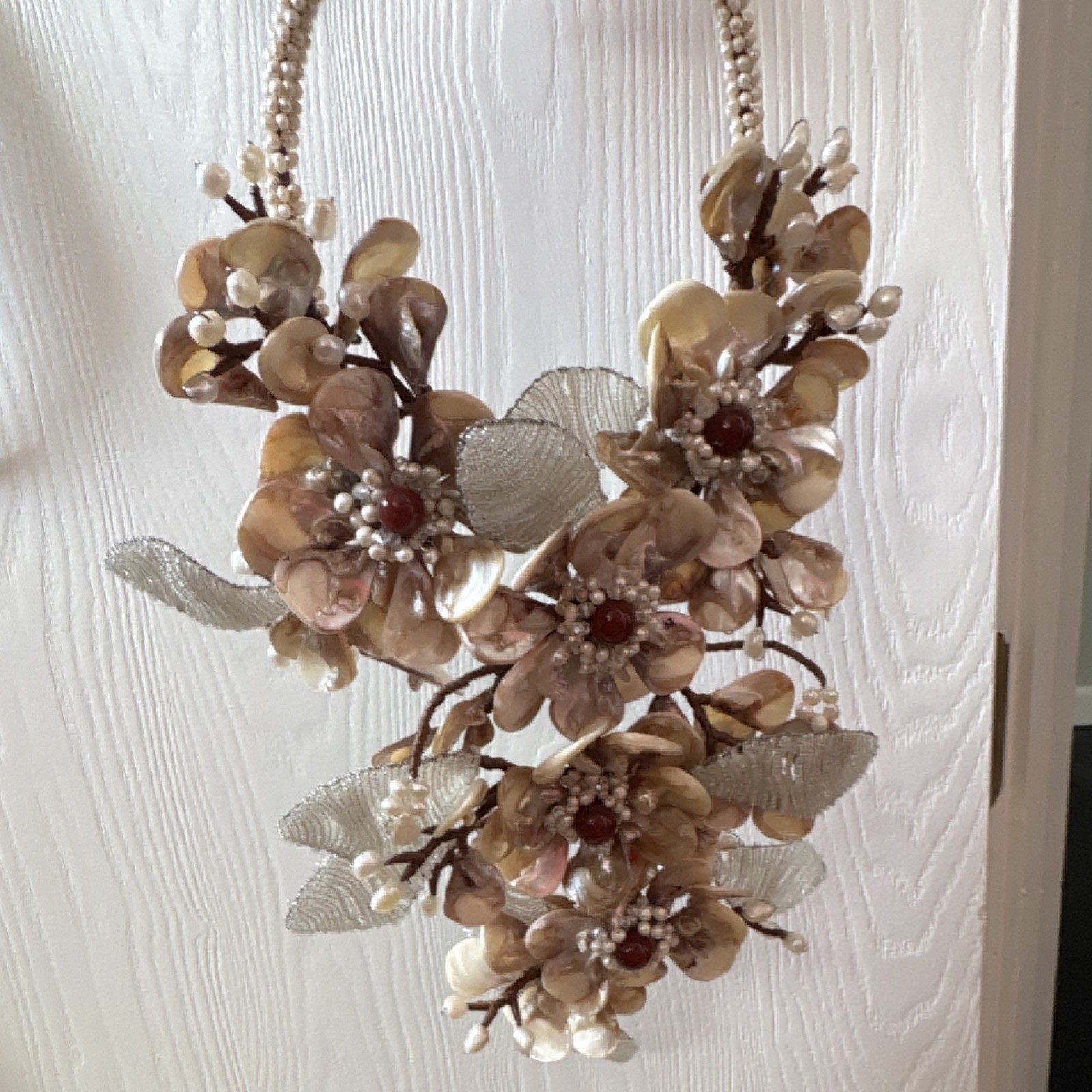 Handcrafted Floral Shell Statement Bib Necklace B… - image 4