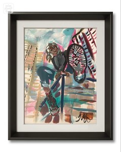 Unframed Abstract Woman On Building on Paper 15x11 Signed Contemporary
