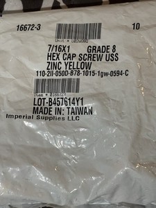 7/16x1 Inch. Grade 8 Hex Head Yellow Zinc Bolts