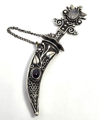 Large Khanjar-inspired Dagger in Scabbard Moonstone sterling silver Pin Brooch