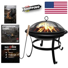Outdoor Wood Burning Fire Pit with Mesh Lid and Fire Picker for Backyard Patio