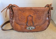 Vintage 60s 70s Hand Tooled Leather Shoulder Bag Crossbody Purse