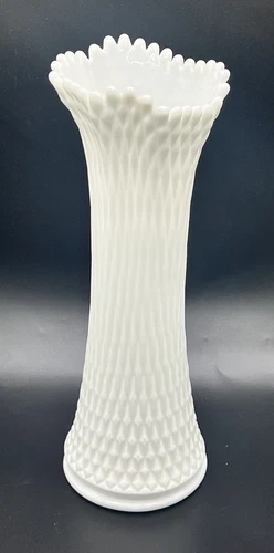 Westmoreland VTG Milk Glass Diamond Quilt Fluted Swung Stretch Vase 13.5”