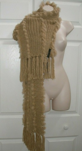 Women's Winter Knit Neck Scarf & Rabbit Hair Tufts Tan New - Picture 9 of 12