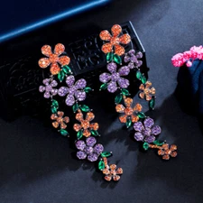 Black Gold Plated Colorful CZ Bridal Engagement Long Leaf Dangle Drop Earrings