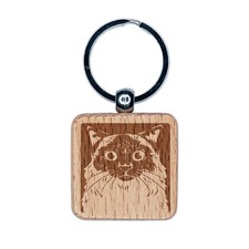 Pretty Siamese Cat Engraved Wood Square Keychain Tag Charm