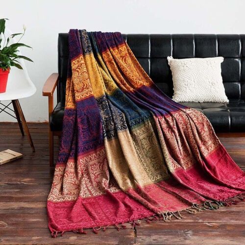 Chenille Boho Throw Blanket Reversible Tassel Sofa Bed Couch Table Dust Cover - Picture 3 of 14