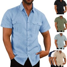 Men's Summer Casual Shirt Button Down Short Sleeve Regular Fit Plain Formal Tops