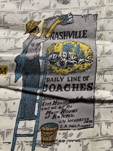 Vintage Advertising Logos Cotton Fabric Print Mustard, Pewter, Navy Gray 2Yards - Picture 5 of 9