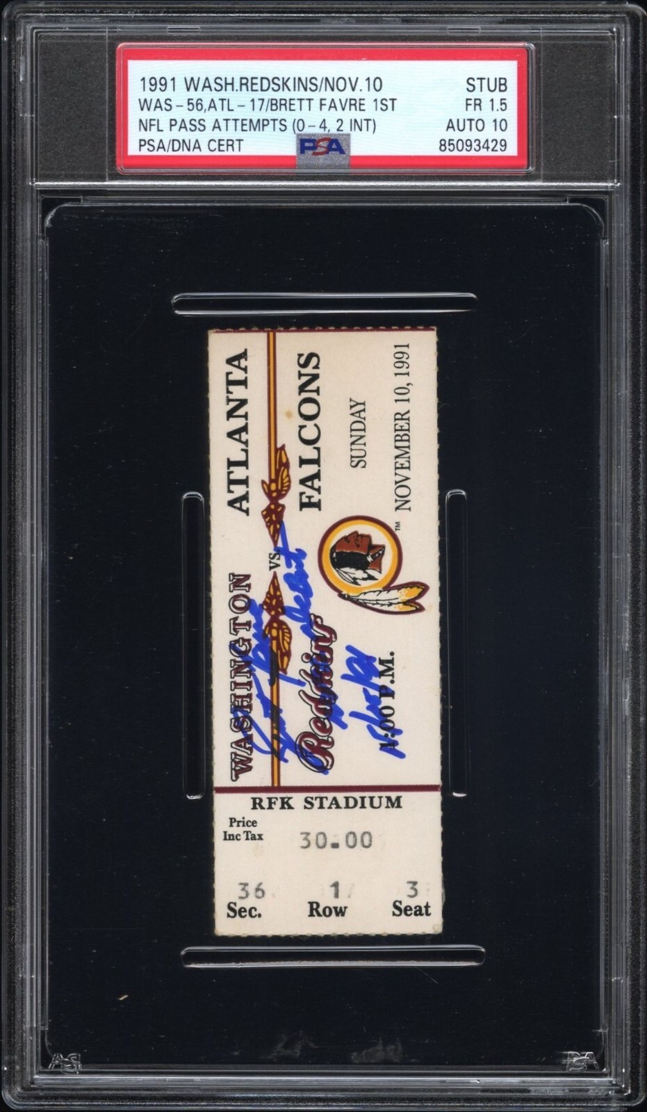 Brett Favre Autographed Signed 1991 1st NFL Pass Attempt 11/10 Falcons Redskins PSA 10 Auto 