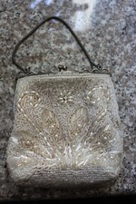 Vintage Hand-Beaded Wristlet with Silver Embellishments and Chain - Satin Lining