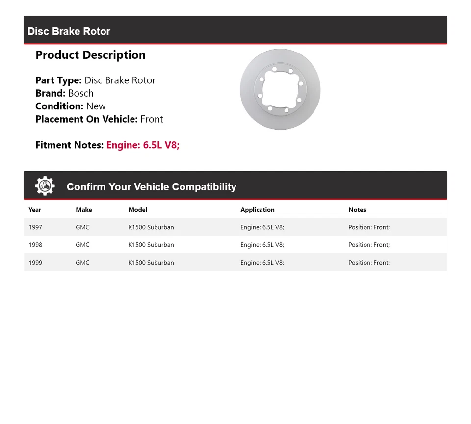 Rotor de freno de disco delantero para GMC K1500 1997-1999 Suburban 6,5 L V8 Bosch QuietCast Foto 2 de 4