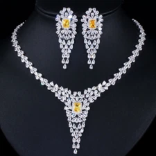 CZ Square Crystal Dangle Drop Wedding Necklace Earrings for Brides Jewelry Set