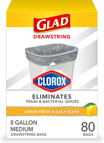 Glad Medium Drawstring Trash Bags with Clorox, 8 Gal, Lemon Fresh Bleach, 80 Ct