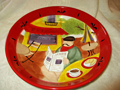 Jennifer Brinley~Large Round Pasta Serving Bowl~Red Trim~Sidewalk Cafe~13.25''