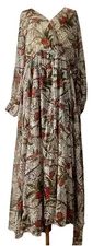 Spy Zone Dress XL Maxi Brown Floral Chiffon Lined  Long Sleeve Self Belt EUC