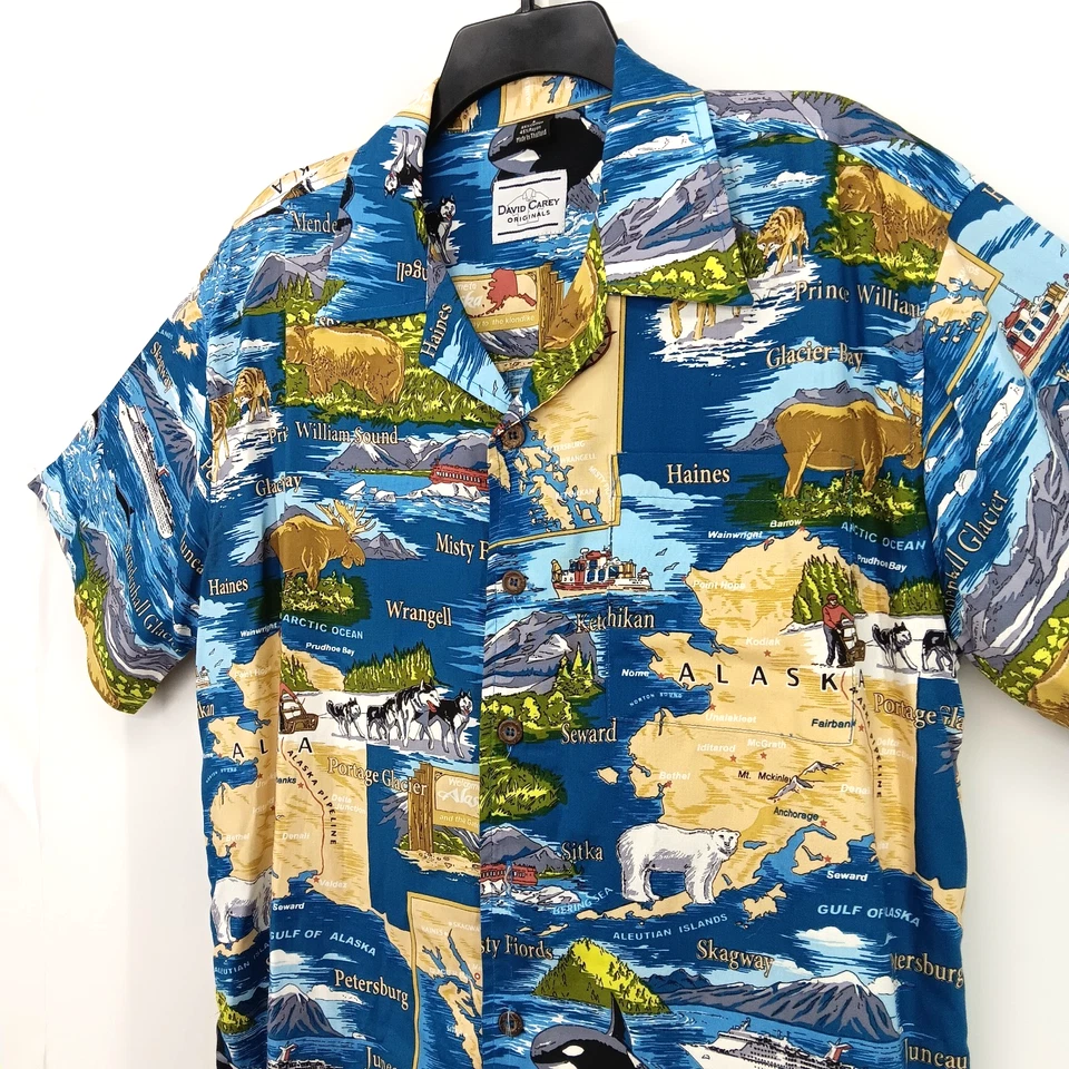 Camisa David Carey Para Hombre Grande Azul Tema Alaska Manga Corta Cuello Abotonado Foto 2 de 4