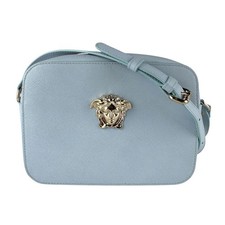 Auth VERSACE Medusa Shoulder Bag Light Blue/Gold Leather/Metal - z9880