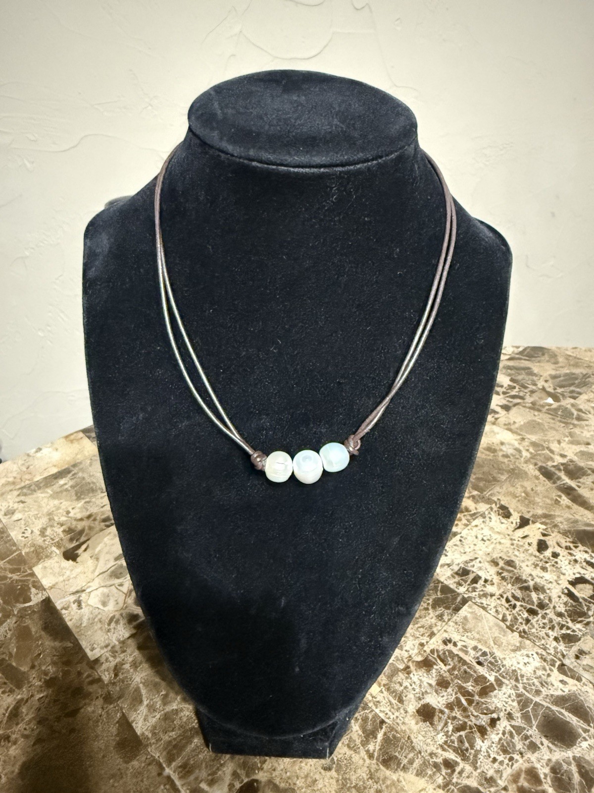 Freshwater Pearl Choker Necklace On Brown Leather Cord with Pearl Closure 16