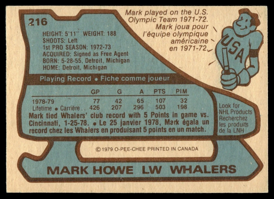1979-80 O-Pee-Chee Mark Howe Hartford Whalers #216 - Image 2 of 2