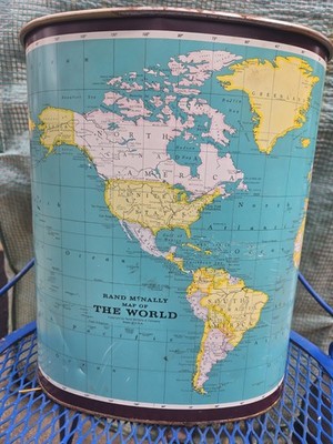 Vintage Weibro Rand McNally World Map Globe Trash Can Metal Waste Basket USA 13 