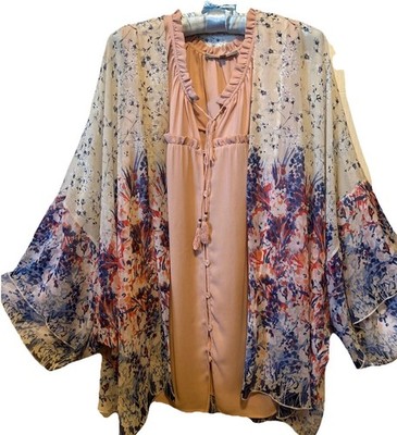 Daniel Rainn Sleeveless Ruffle Collar Blouse 2X & Floral Cardigan Lightweight