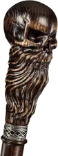 Asterom Bearded Skull Head - Handmade Wooden Carved Walking Cane for Men and