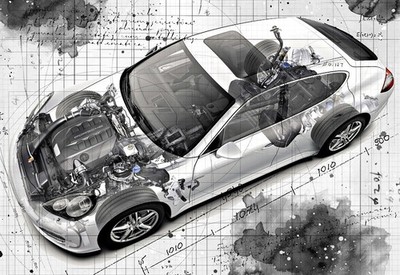 Line Tech Zeichnung Porsche Panamera Auto Car Classic Cutaway Kunst Poster Druck