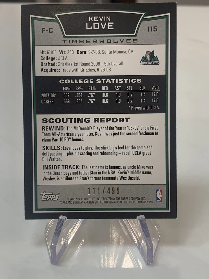 2008-09 Bowman Draft Picks & Stars Rookie Blue /499 Kevin Love #115 Rookie RC - Image 2 of 2