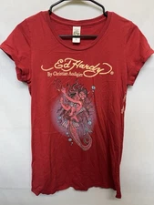 Ed Hardy Christian Audigier Tee Womens Med Red Devil Mermaid Siren Tattoo Rock