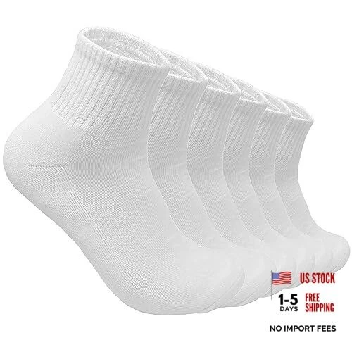 Glory Max 6 Pairs Men Cotton Solid Athletic Ankle Quarter Socks 10-13 White