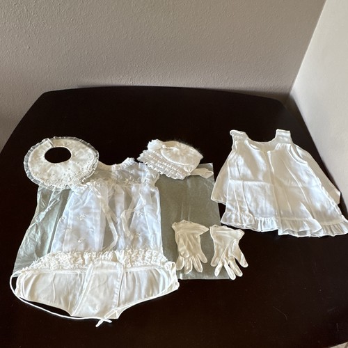 Carol Joy White Satin Lace Victorian Christening Set Bonnet Bib Gloves MPN 315