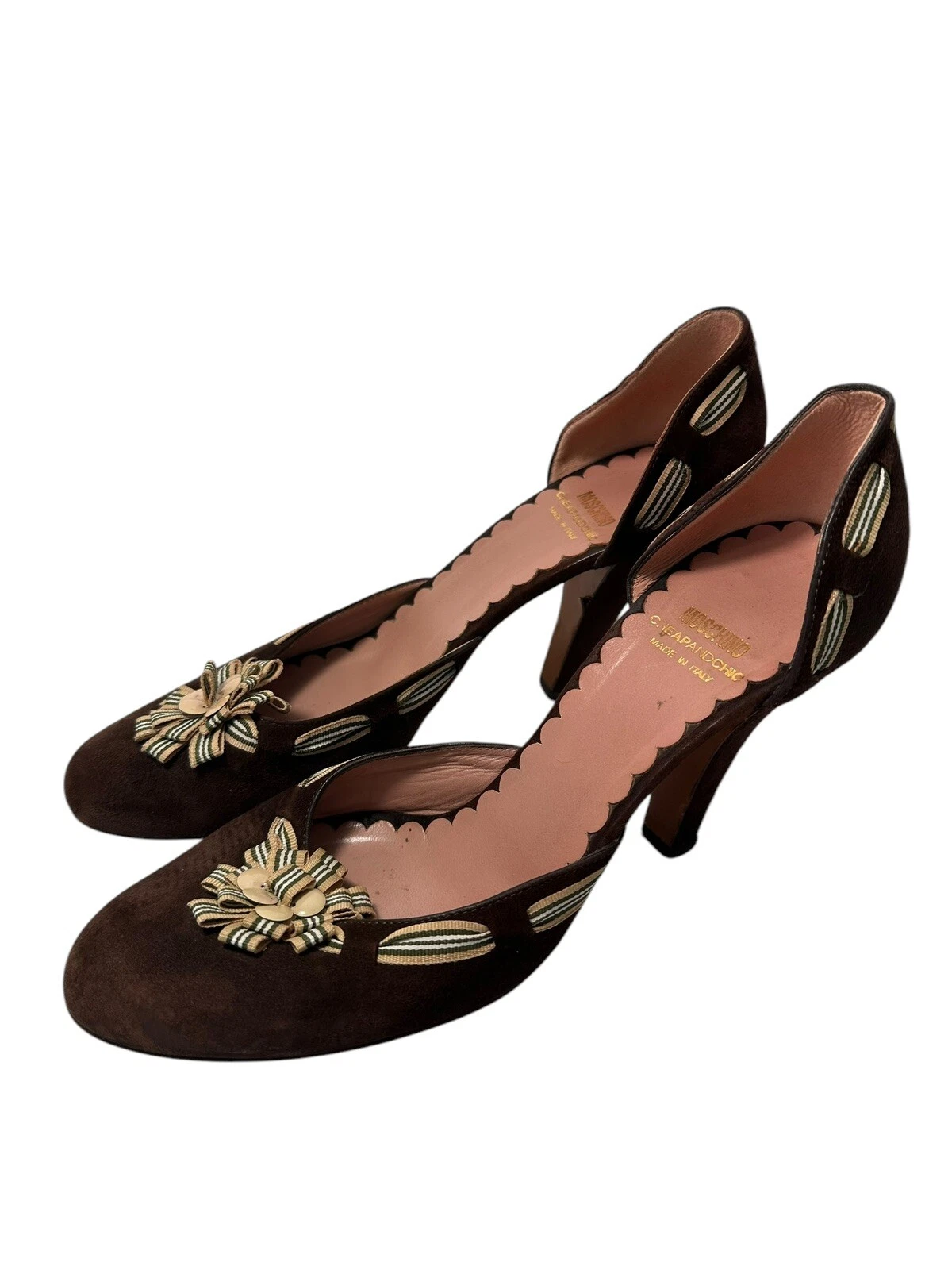 Moschino scarpe donna decolte tacco grosso cubano marrone scamosciato punta tonda taglia 40