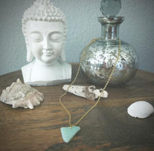 Soft Green Sea Glass Necklace Heart Triangle Pendant on 18 Gold Chain
