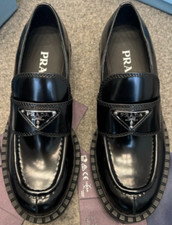 Prada Spazzolato Metal Triangle Logo Loafers Black Size 39 EU