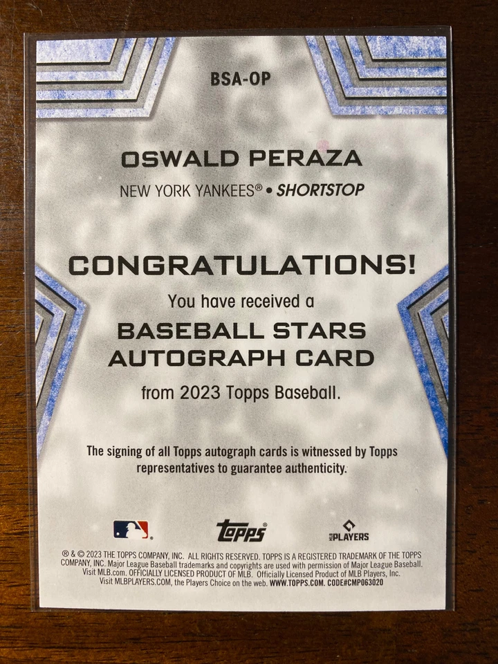 2023 Topps Oswald Peraza #BSA-OP RC Rookie Baseball Stars Auto New York Yankees - Image 2 of 2