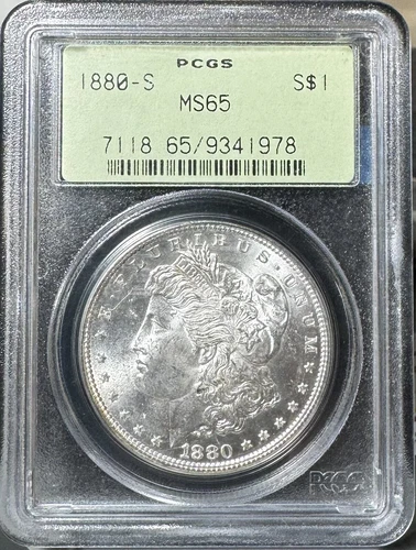 1880-S $1 Morgan Silver Dollar, PCGS OGH MS 65, Blast White, Reverse Tonning