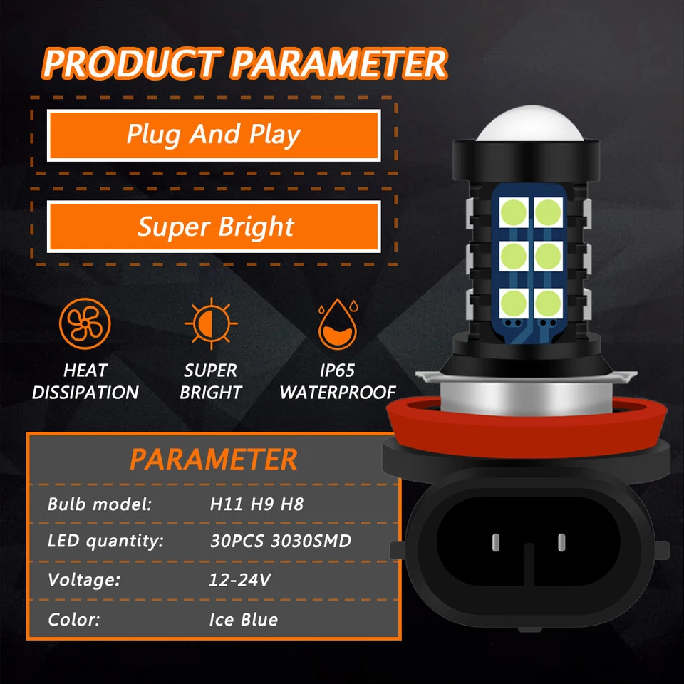 H8 H11 Ice Blue LED Bulbs SMD 3030 Bright Fog Light Plug N Play for Honda Civic - Image 3 of 4