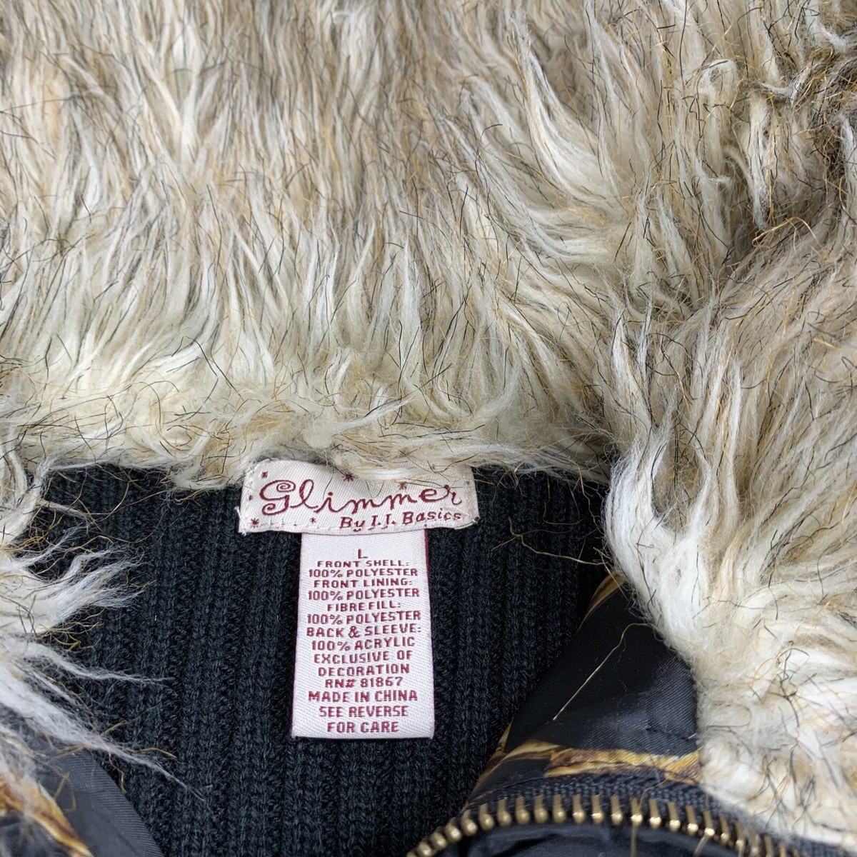 【EEUN】Glimmer Fur Jacket Glimmer Jacket Women L Black Knit Faux Fur Collar Full Zip