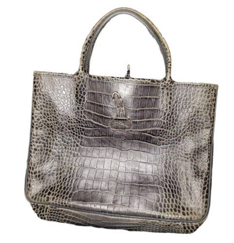 Longchamp Brown/Gray Leather Crocodile Embossed Tote Shoulder Bag - Picture 1 of 4