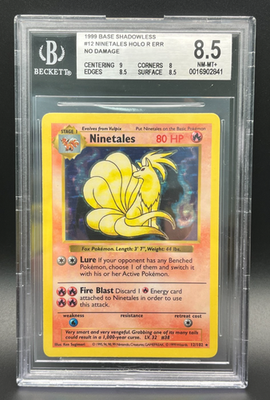 BGS 8.5 No Damage Ninetales Error Shadowless #12 Holo Rare Base Set 1999  MINT