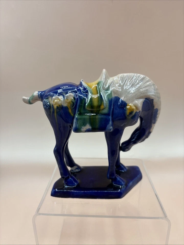 Vintage Chinese Drip Style Glaze Ceramic War Horse Figurine blue - Image 4 of 4