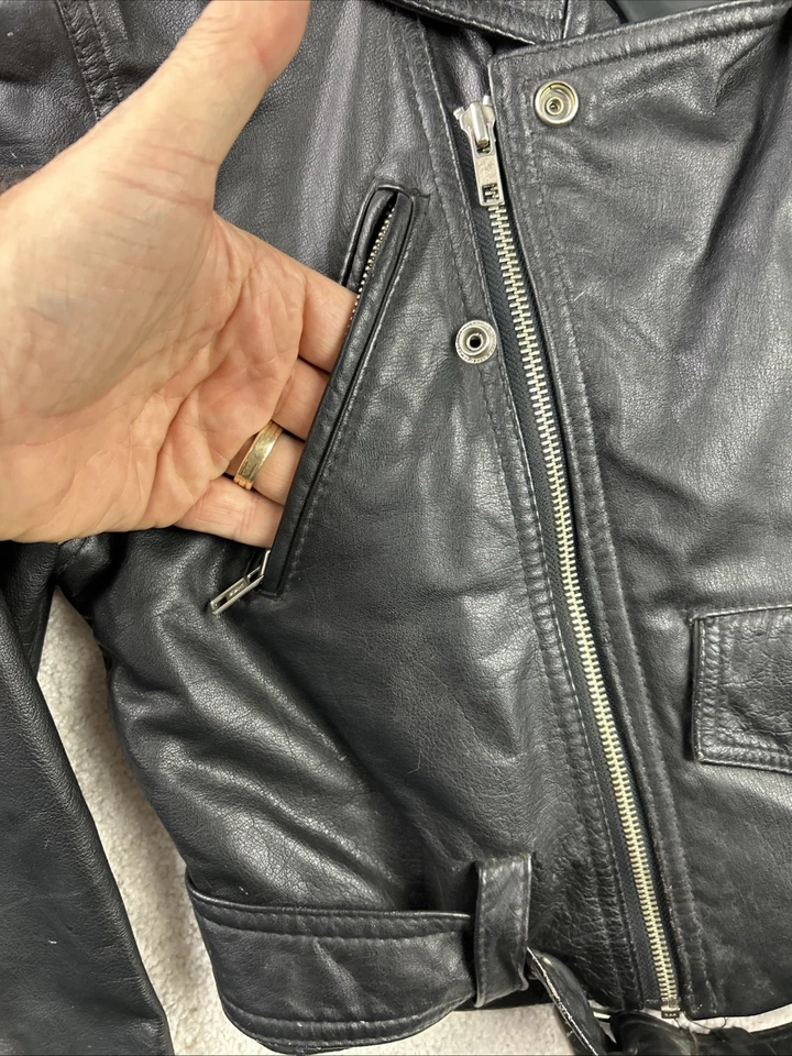 Chaqueta de motociclista de cuero chía recortada vintage años 90 cinturón de moto cremallera grande Harley Foto 3 de 4