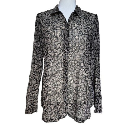 Anthropologie Hei Hei blouse womens S black ivory floral button front sheer boho