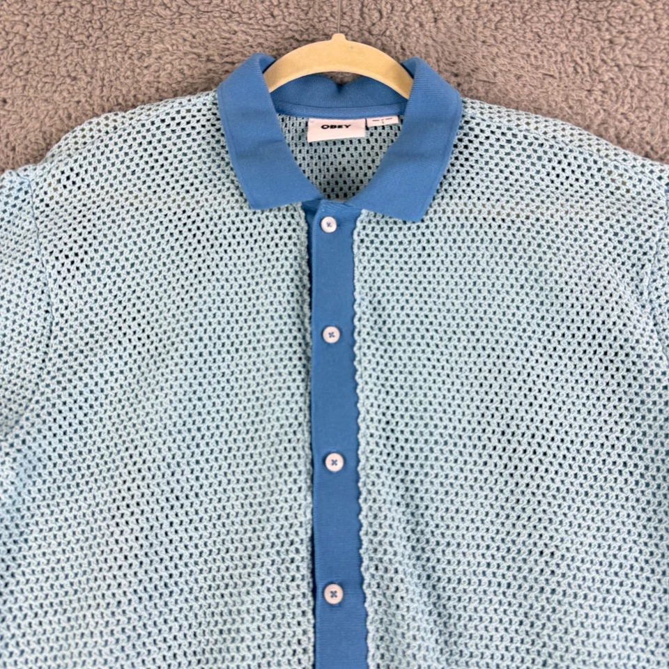 Camisa polo con botones Obey Grove para hombre pequeña azul manga corta 100 % algodón informal Foto 2 de 4