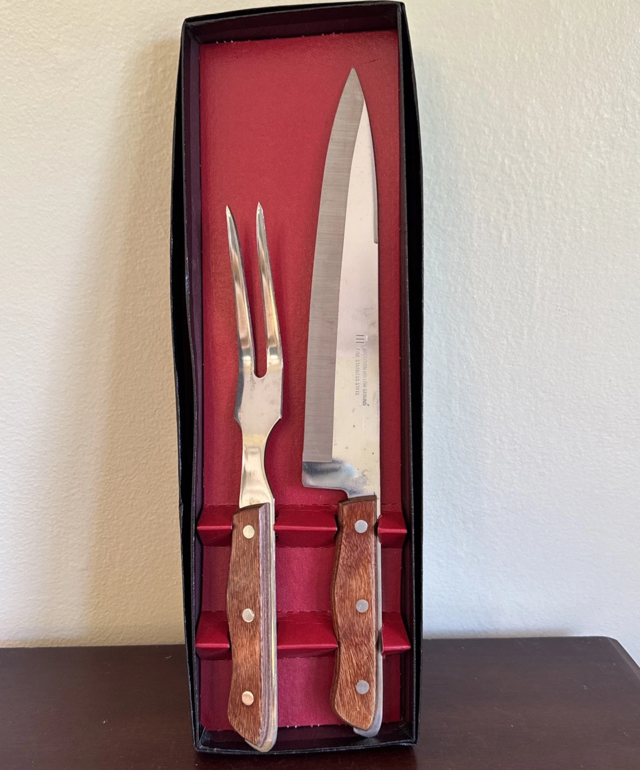 Vintage Maxam Carving Knife Fork Set Japan Stainless Steel Wood Handles
