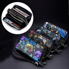 Real Leather Women Double Zip Around Wallet Card Holder Ladies Wristlet Clutch